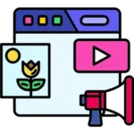 Social media marketing agency icon with content promotion elements.