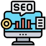 SEO optimization Services icon with analytics and ranking elements.
