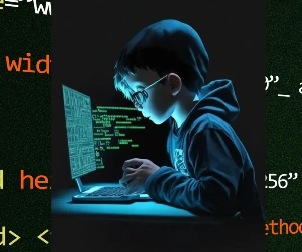 Empowering Businesses with Cutting-Edge Website Development Solutions Young coder working on futuristic website development with glowing screen and programming code