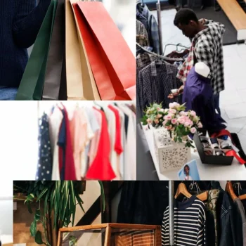 Digital marketing agency support Shopping and fashion retail collage showcasing clothing, accessories, and in-store experiences