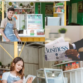 Small business owners managing a food kiosk with digital tools and a business newspaper.