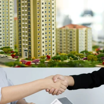 Real estate digital marketing support – showcasing modern apartment buildings and a successful property deal with a handshake.