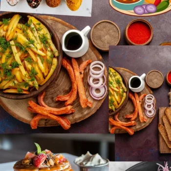 Delicious food collage featuring fries, pancakes, spices, and seafood for restaurant marketing.